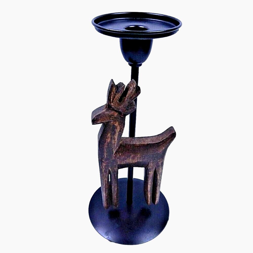 Christmas Reindeer Candle Holder Metal & Wood Rustic Mission 11" for Pillar